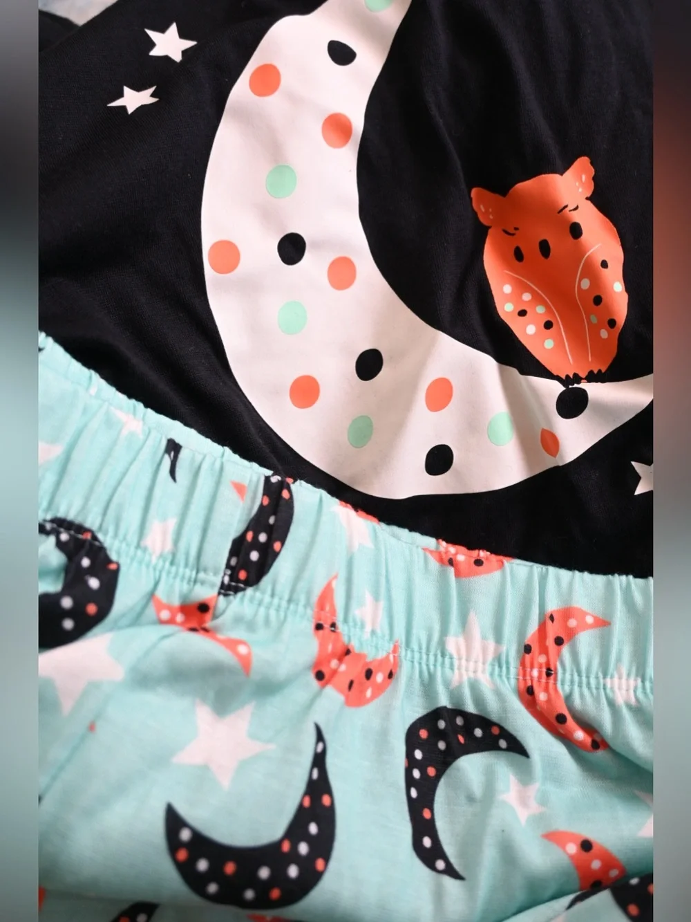 Black Tee with Moon, Stars & Orange Fox Graphic